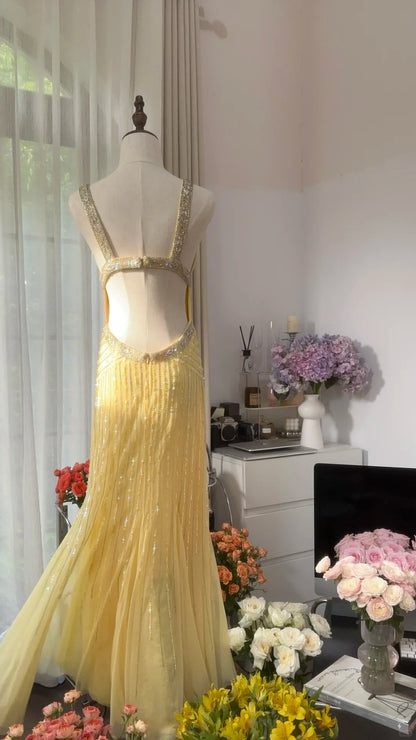 Vintage Yellow Backless Beaded Chiffon Long Prom Dress P3350 – PreppyDress