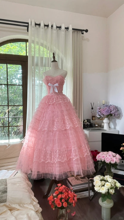 Süßes rosafarbenes Prinzessinnen-A-Linien-Ballkleid mit Tüll und Herzausschnitt P3351