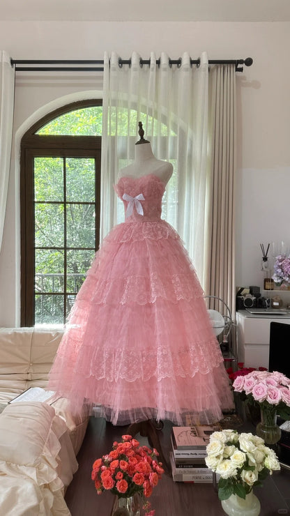 Süßes rosafarbenes Prinzessinnen-A-Linien-Ballkleid mit Tüll und Herzausschnitt P3351