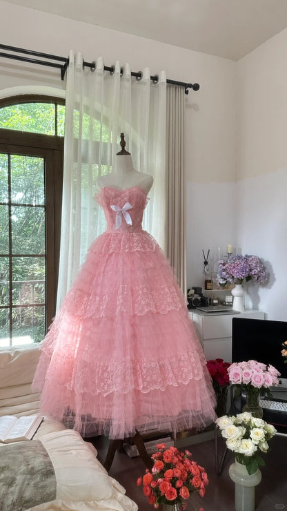 Süßes rosafarbenes Prinzessinnen-A-Linien-Ballkleid mit Tüll und Herzausschnitt P3351