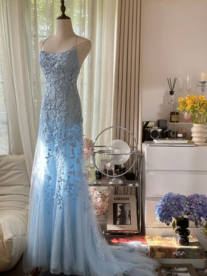 Vintage Light Blue Lace Beaded Open Back Short Train Prom Dress P3352 PreppyDress Vintage Light Blue Lace Beaded Open Back Short Train Prom Dress P3352 PreppyDress