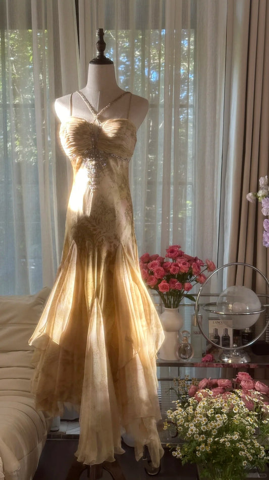 Retro Palace Gold Print Irregular Skirt Mermaid Long Prom Dress P3353