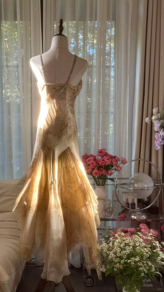 Retro Palace Gold Print Irregular Skirt Mermaid Long Prom Dress P3353