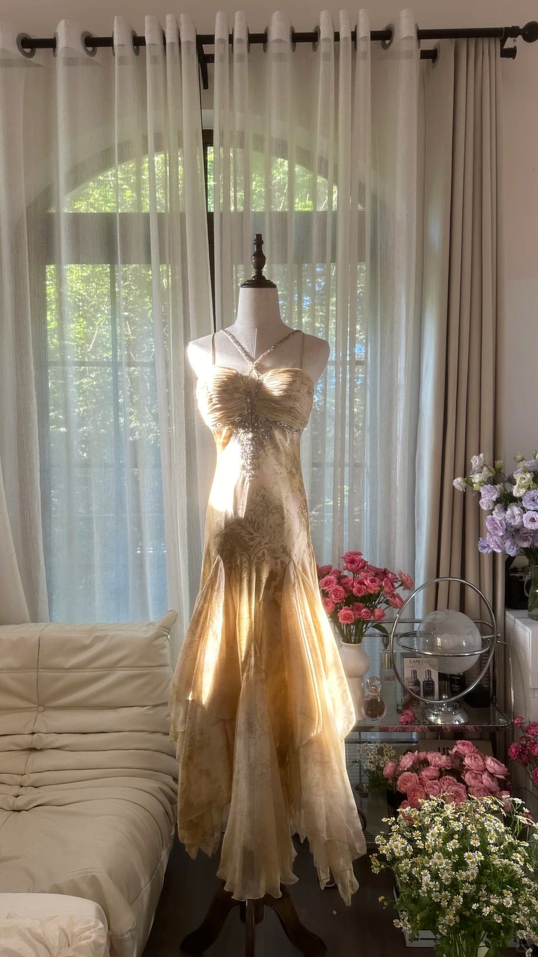 Retro Palace Gold Print Irregular Skirt Mermaid Long Prom Dress P3353