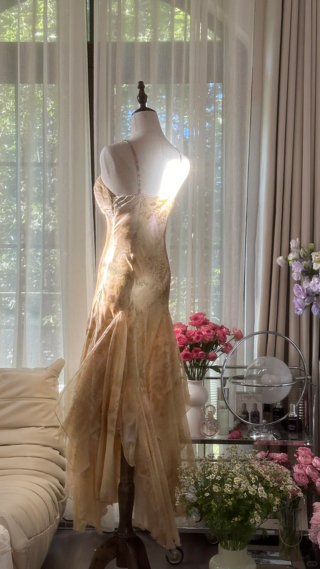 Retro Palace Gold Print Irregular Skirt Mermaid Long Prom Dress P3353
