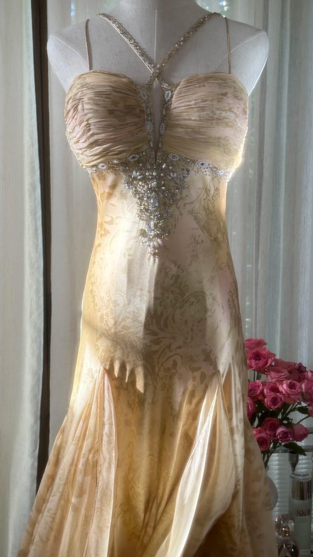 Retro Palace Gold Print Irregular Skirt Mermaid Long Prom Dress P3353