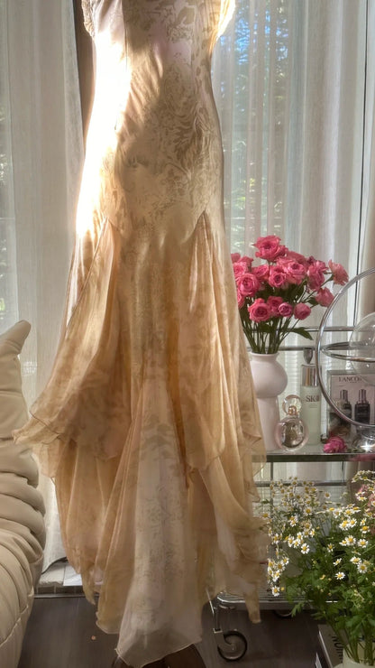 Retro Palace Gold Print Unregelmäßiger Rock Meerjungfrau Langes Ballkleid P3353