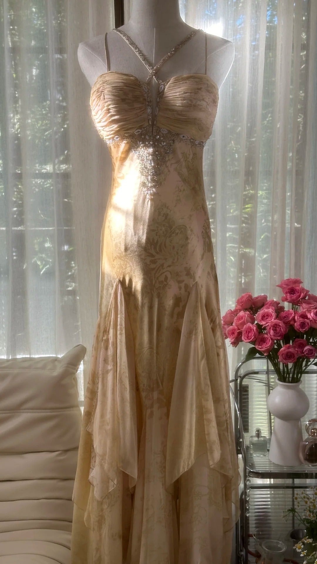 Retro Palace Gold Print Irregular Skirt Mermaid Long Prom Dress P3353