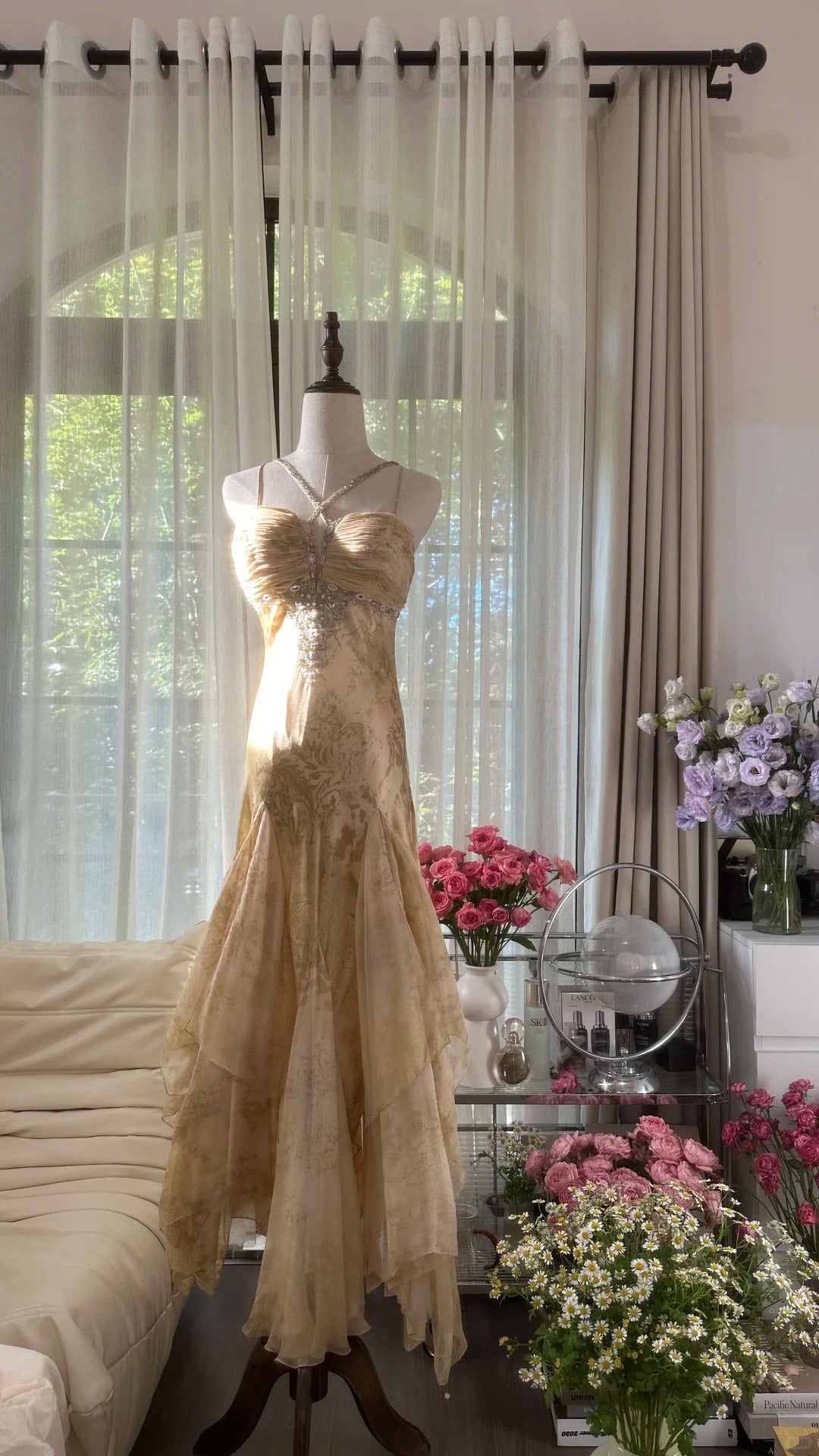 Retro Palace Gold Print Irregular Skirt Mermaid Long Prom Dress P3353
