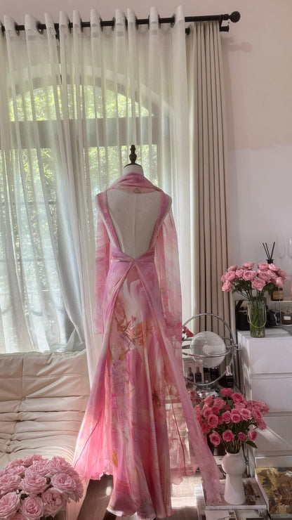Hübsches rosa Chiffon-Kleid mit Blumenmuster und weitem Rock für den Abschlussball P3354