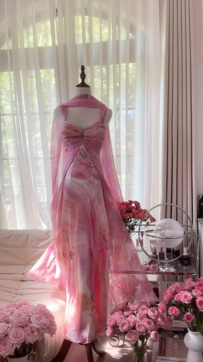 Hübsches rosa Chiffon-Kleid mit Blumenmuster und weitem Rock für den Abschlussball P3354