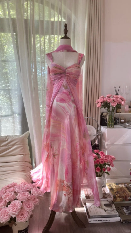Hübsches rosa Chiffon-Kleid mit Blumenmuster und weitem Rock für den Abschlussball P3354