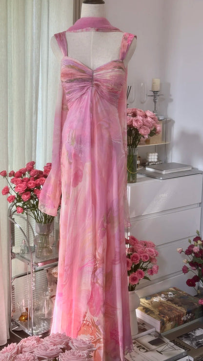 Hübsches rosa Chiffon-Kleid mit Blumenmuster und weitem Rock für den Abschlussball P3354