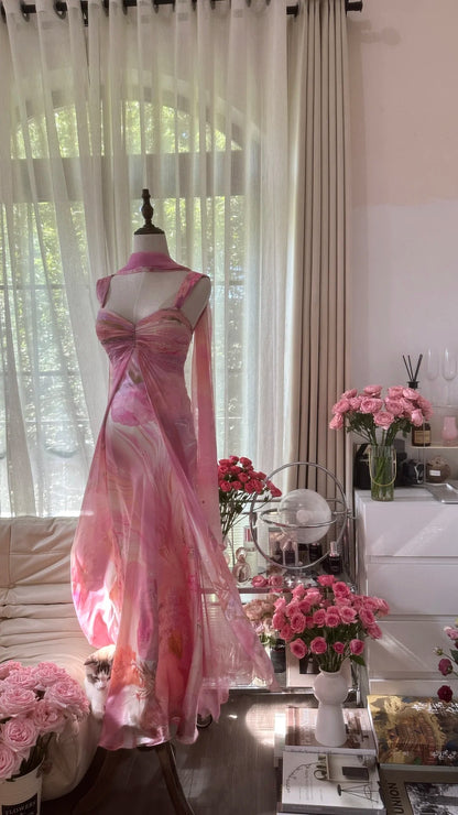 Hübsches rosa Chiffon-Kleid mit Blumenmuster und weitem Rock für den Abschlussball P3354