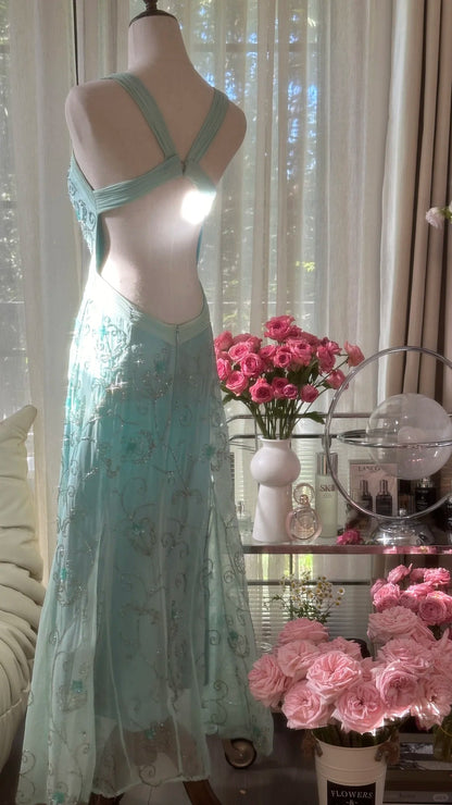 Atemberaubendes blaues rückenfreies Perlen-Chiffon-Meerjungfrauen-Maxi-Ballkleid P3357