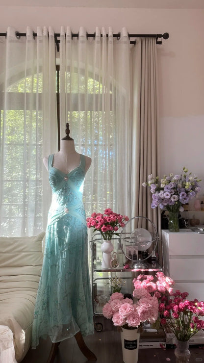 Atemberaubendes blaues rückenfreies Perlen-Chiffon-Meerjungfrauen-Maxi-Ballkleid P3357