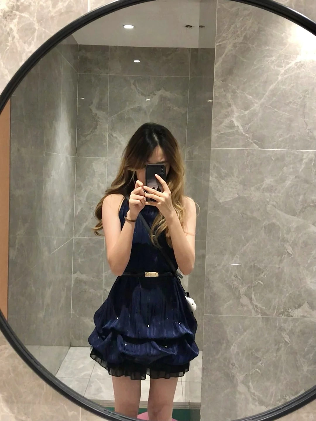 Vintage Navy Sleeveless Floral Skirt Homecoming Dress P3358