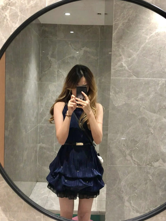 Vintage Navy Sleeveless Floral Skirt Homecoming Dress P3358