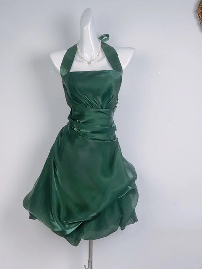 Vintage Dark Green Halter Neck Floral Mini Homecoming Dress P3359 PreppyDress Vintage Dark Green Halter Neck Floral Mini Homecoming Dress P3359 PreppyDress