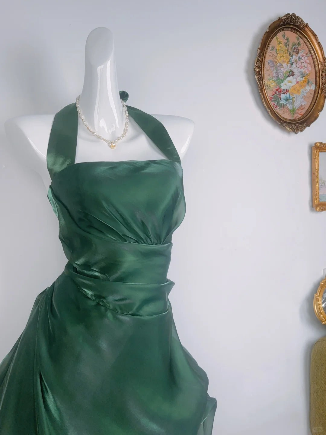 Vintage Dark Green Halter Neck Floral Mini Homecoming Dress P3359