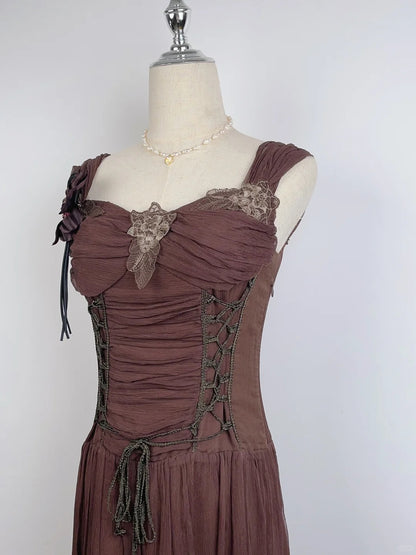 Vintage Braun 3D-Blume geflochtenes Heimkehrer-Kleid P3362
