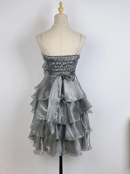 Vintage Laser Silber Träger Kuchen Rock Homecoming Kleid P3363