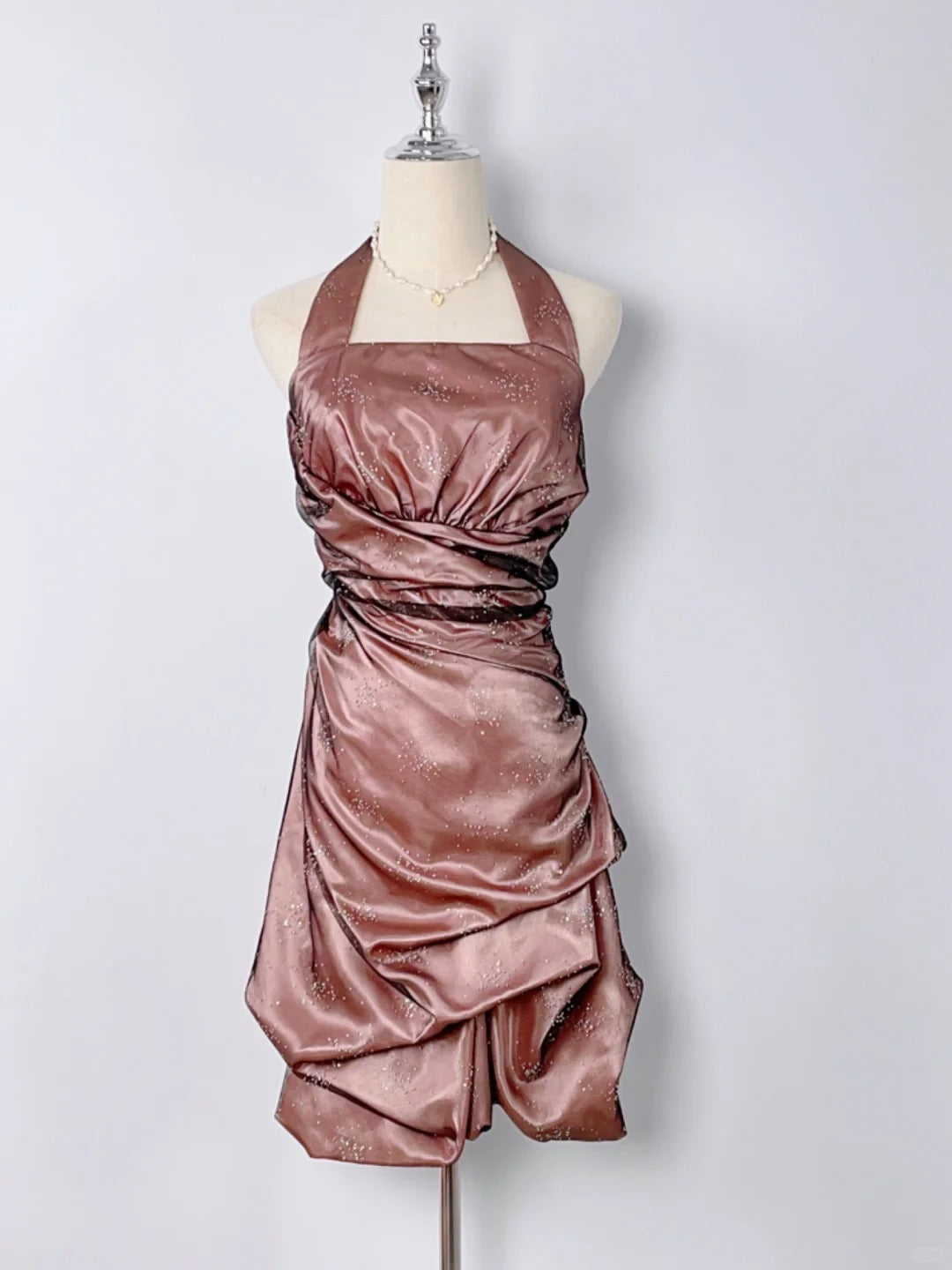 Retro Milk Coffee Color Halter Neck Black Tulle Bud Homecoming Dress P3364