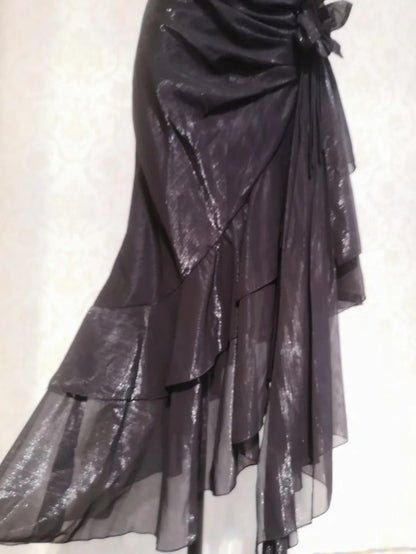 Wunderschönes Meerjungfrauen-Heimkehrkleid mit Spaghettiträgern, eisblauer, asymmetrischer Rock P3365