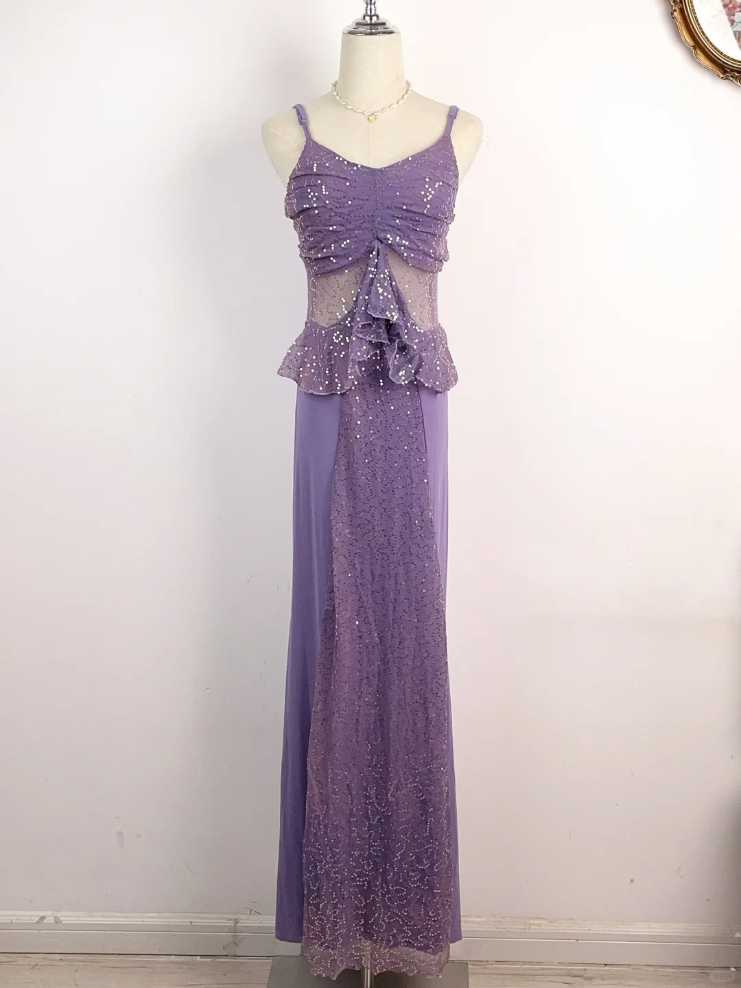 Sparkling Purple Strapless Sequined Chiffon Mermaid Prom Dress P3371