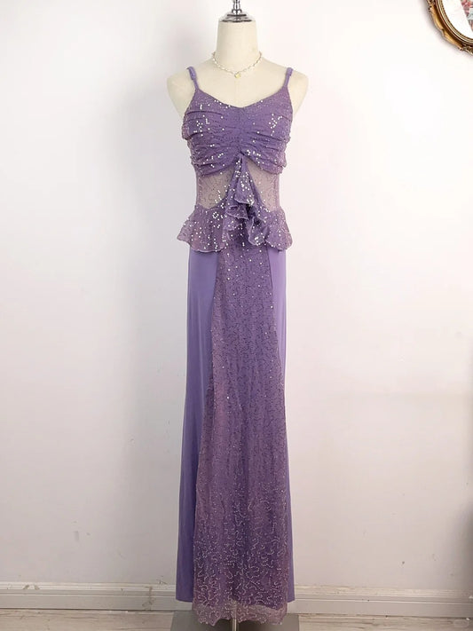 Sparkling Purple Strapless Sequined Chiffon Mermaid Prom Dress P3371