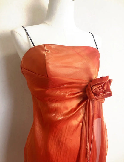Wunderschönes orangefarbenes trägerloses Meerjungfrauen-Ballkleid mit 3D-Laserblumen P3372