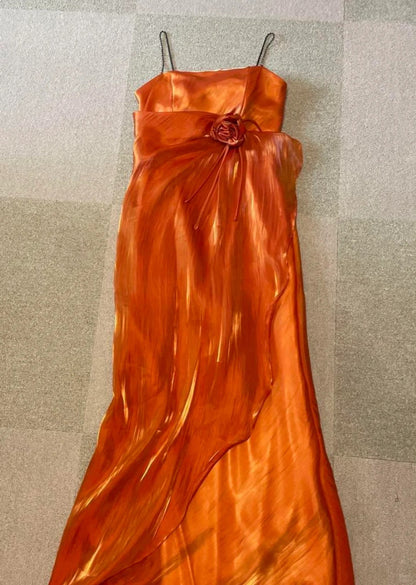 Wunderschönes orangefarbenes trägerloses Meerjungfrauen-Ballkleid mit 3D-Laserblumen P3372