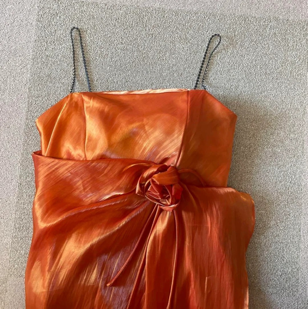 Beautiful Orange Shoulder Strap Laser 3D Flower Mermaid Prom Dress P3372