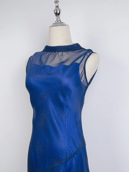 Elegantes, sternenblaues, rundhalsiges, glitzerndes Ballkleid P3373