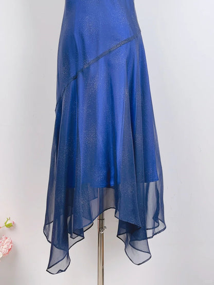 Elegantes, sternenblaues, rundhalsiges, glitzerndes Ballkleid P3373