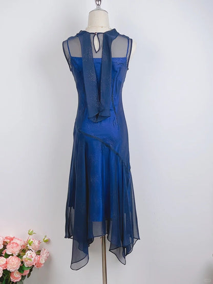 Elegantes, sternenblaues, rundhalsiges, glitzerndes Ballkleid P3373