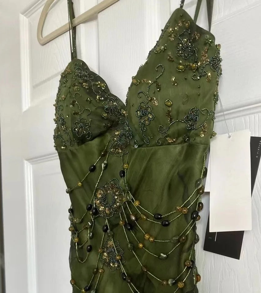 Vintage Dark Green Beaded Strap Chiffon Mermaid Slit Prom Dress P3381 PreppyDress Vintage Dark Green Beaded Strap Chiffon Mermaid Slit Prom Dress P3381 PreppyDress