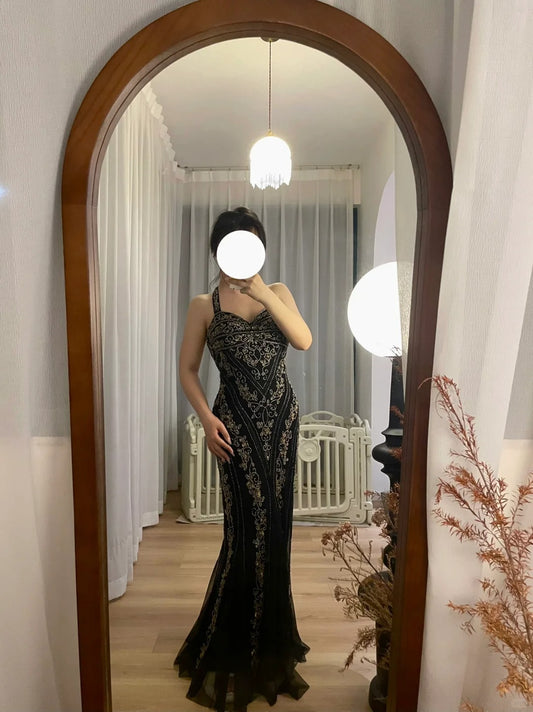 Sexy And Beautiful Black Halter Neck Mermaid Beaded Sequined Long Prom Dress P3384