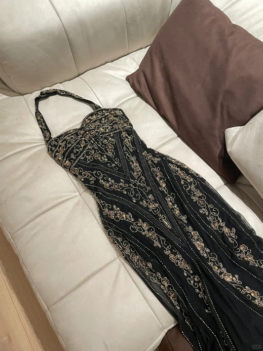 Sexy And Beautiful Black Halter Neck Mermaid Beaded Sequined Long Prom Dress P3384