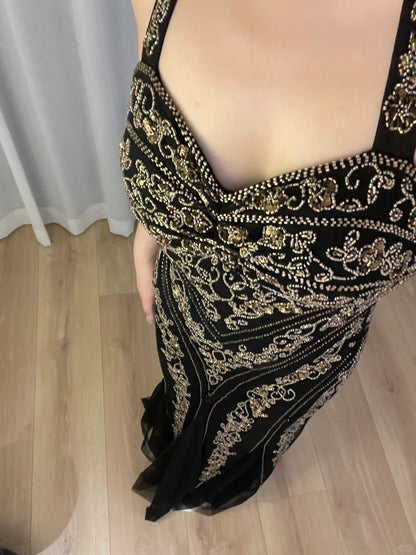 Sexy und schönes schwarzes, perlenbesetztes Meerjungfrauen-Abendkleid mit Neckholder P3384