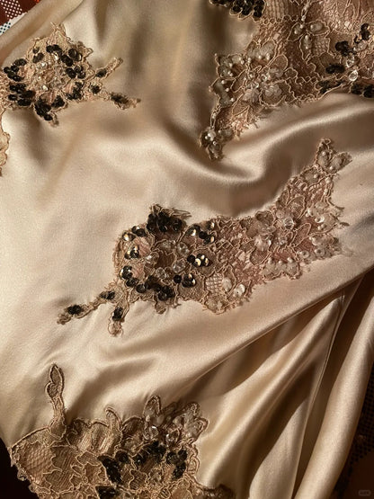 Sexy and Elegant Gold Beaded Lace V-Neck Slit Prom Dress P3385 – PreppyDress