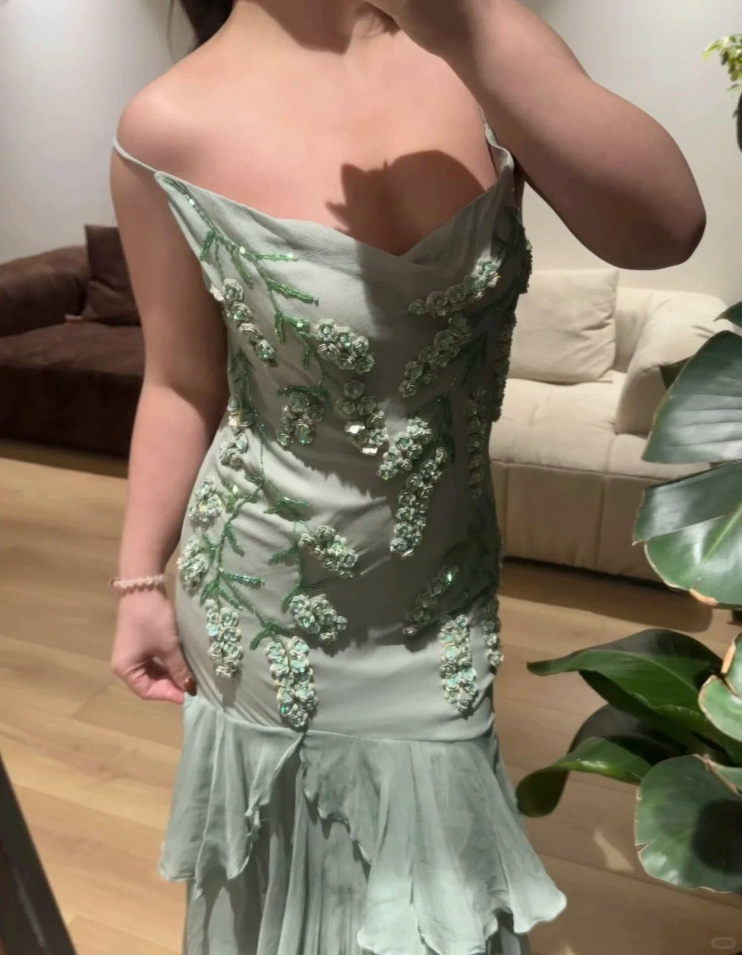 Fresh Green Beaded Sequined Chiffon Irregular Fishtail Prom Dress P3387