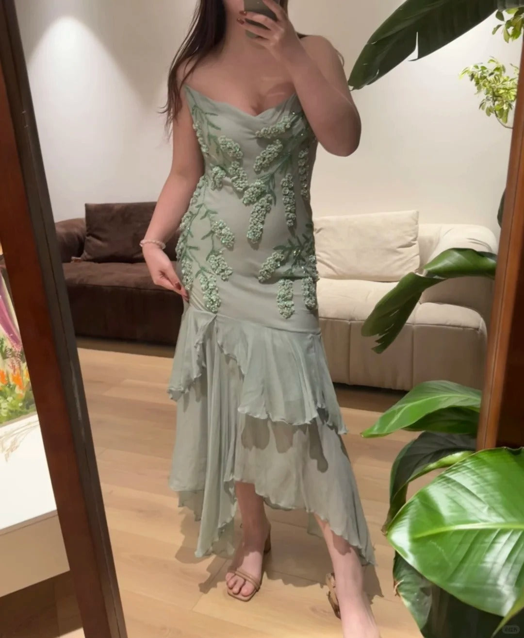 Fresh Green Beaded Sequined Chiffon Irregular Fishtail Prom Dress P3387