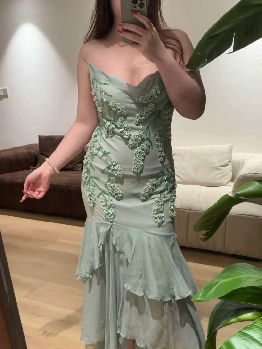 Fresh Green Beaded Sequined Chiffon Irregular Fishtail Prom Dress P3387