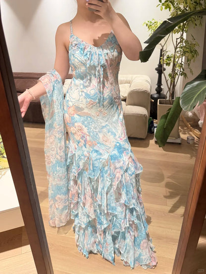 Atemberaubendes blaues Ölgemälde Chiffon Rüschen langes Ballkleid P3388