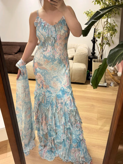 Atemberaubendes blaues Ölgemälde Chiffon Rüschen langes Ballkleid P3388