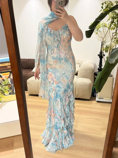 Atemberaubendes blaues Ölgemälde Chiffon Rüschen langes Ballkleid P3388