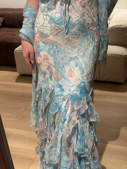 Atemberaubendes blaues Ölgemälde Chiffon Rüschen langes Ballkleid P3388
