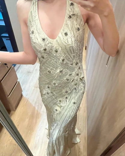 Robe de bal sirène en satin dos nu et licou blanc, élégante et vintage, P3389
