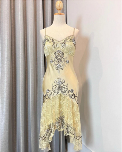 Vintage Gelbes Band Schwer Perlenbesticktes Satin Spitzen Meerjungfrauen-Ballkleid P3393